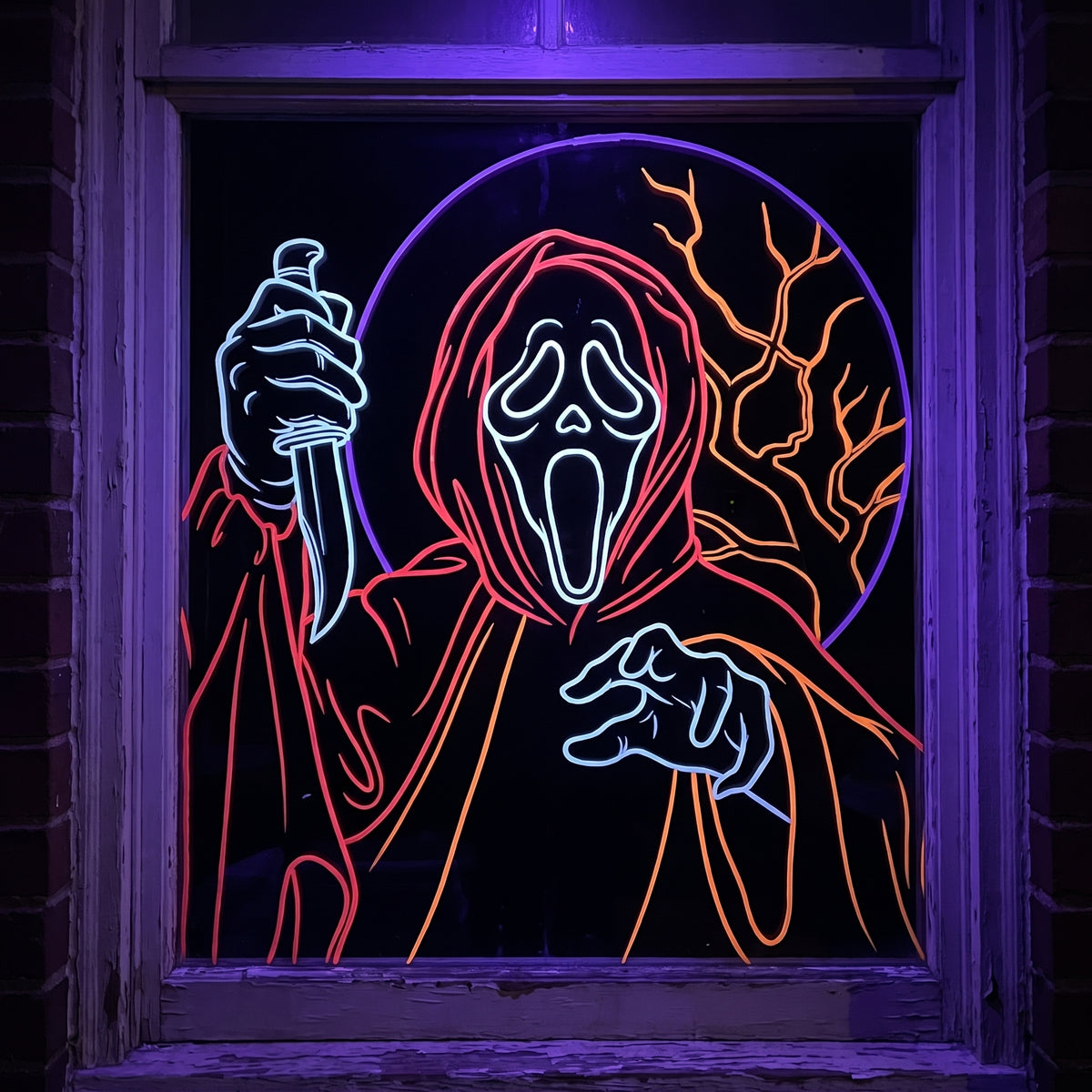 Hooded ghost design glowing like neon on a window