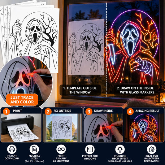 Neon-effect Halloween window templates: print, tape outside, trace inside